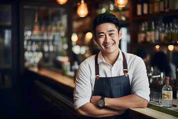  Asian handsome young male bartender standing with cross arm wearing descent suit with black apron and watch in the wrist looking in the camera with full bright smile - obrazy, fototapety, plakaty
