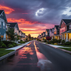 Neighborhood street sunset panorama of modern upper middle class single family houses American real estate in a new construction in Maryland USA colorful dramatic with rain,high resolution  - obrazy, fototapety, plakaty