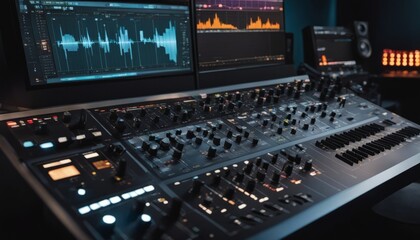 Modern Music Record Studio Control Desk with Laptop Screen Showing User Interface of Digital Audio