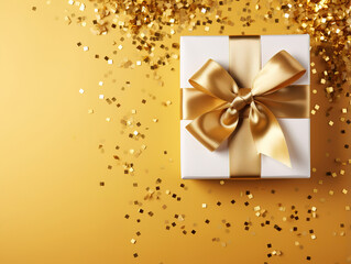 Gift box with golden satin ribbon and bow on yellow background