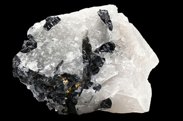 A tourmalinated white quartz specimen isolated on a black background