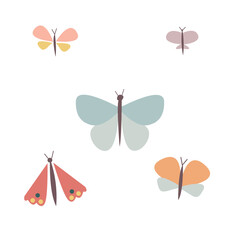 A set of colorful butterflies in a cartoon style.