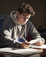 College boy studies at home for an exam. Generative AI