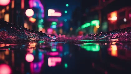 Papier Peint photo Magasin de musique Multi-colored neon lights on a dark city street, reflection of neon light in puddles and water