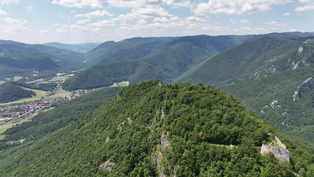 Aerial view of the ruins of the Muran Castle above the village of Muran in Slovakia