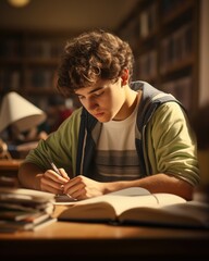 College boy studies at home for an exam. Generative AI