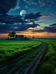 Fototapeta premium Dirt Road through a Lush Green Field. Generative Ai