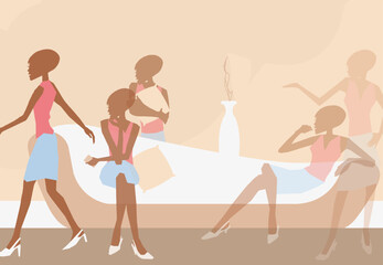 Life of a modern girl at home while quarantine. Various positions in same living room. Modern Life style in an urban city vector Illustration.