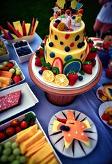 Catered tables adorned with delightful treats for kids and children: creatively presented cakes, pastries, sweets, and fruits. Colorful array of delectable snacks for cheerful and festive atmosphere