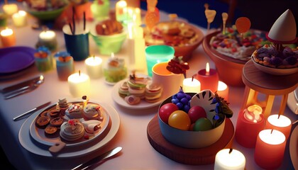 Obraz na płótnie Canvas Catered tables adorned with delightful treats for kids and children: creatively presented cakes, pastries, sweets, and fruits. Colorful array of delectable snacks for cheerful and festive atmosphere