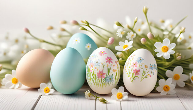 Beautiful easter eggs close up with small flowers