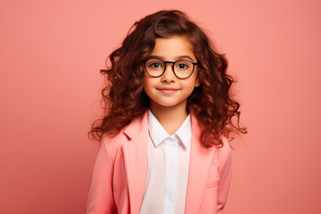 Funny and elegant 5 year old south american girl in glasses poses in the studio. looking at camera on bright background 