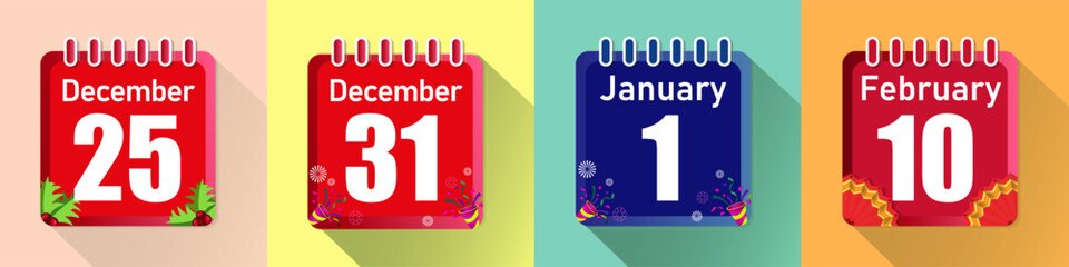 Vector calendar icon of high season on December 25 and 31, January 1 and February 10