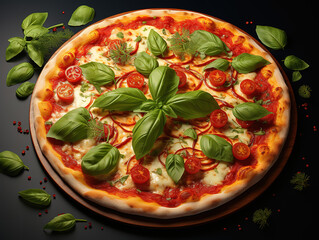 A pizza with basil leaves on it