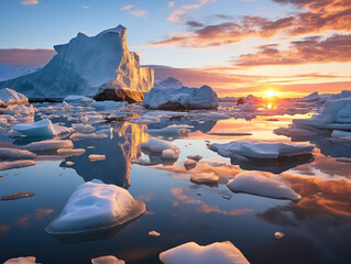 Antarctic nature landscape with icebergs in Greenland icefjord during midnight sun - obrazy, fototapety, plakaty