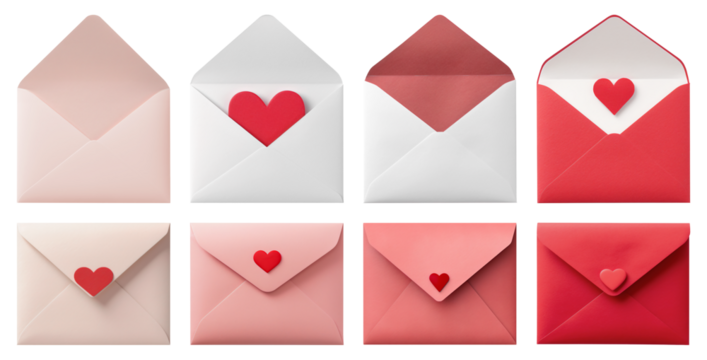 Paper mail envelopes with hearts isolated on transparent background. Valentine's Day holiday.
