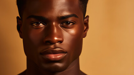 Portrait of a handsome elegant sexy African man with dark and perfect skin, on a creamy beige background.