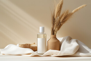 Products for hair and skin care in white and amber colors. Minimalist nature compositions. Generative AI