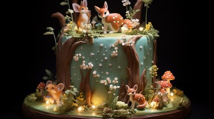 A cake designed as an enchanting forest glade, with fondant woodland creatures and twinkling lights.