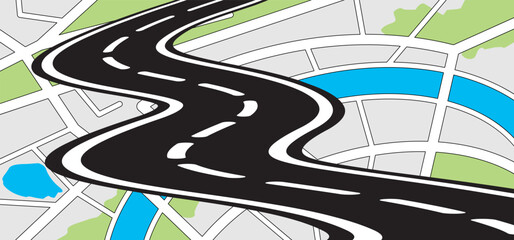 Winding road. Curved road with white markings. Asphalt roadway with turns. Curve way or asphalt highway or city street. Winding route template. Zigzag line pattern. Flat parts road wavy. Path wave.