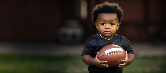 Adorable african american baby boy in the garden with american football ball, panoramic, empty space