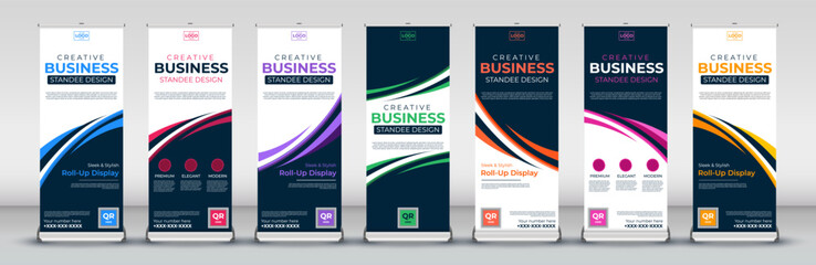 Modern roll up Banner Design set for signboard Advertising Template standee X banner for Street Business in red, green, blue, yellow, orange, purple, orange for events - obrazy, fototapety, plakaty