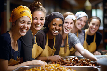 Girls of different nationalities cook food together and have fun - obrazy, fototapety, plakaty