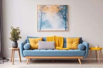 Cobalt Sofa Adorned with Yellow Pillows and Beige Blanket