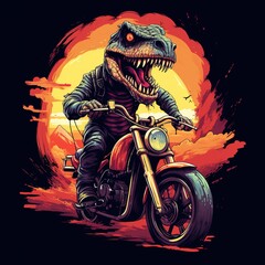 Dinosaur driving a motorcycle in the summer