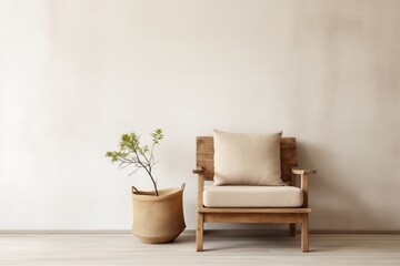 Neutral Burlap Lounge Chair by White Wall with Wooden Accents