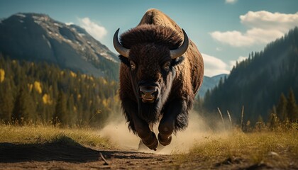 A American Bison Racing Through the Serene Mountain Landscape © Anna