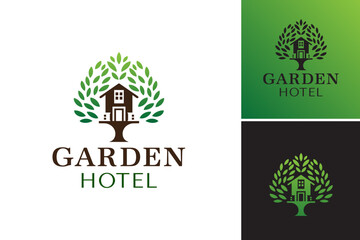 Garden hotel logo design. A serene and luxurious accommodation set in a lush garden environment, perfect for hospitality brochures, travel websites