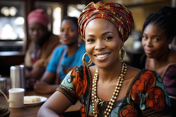 An african woman about 35 years old in her local restaurant interacting with clients - obrazy, fototapety, plakaty