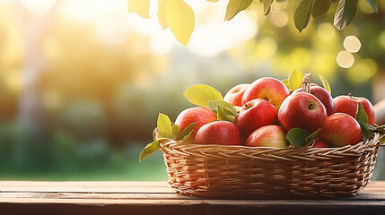 apples in a basket on wooden concept in field