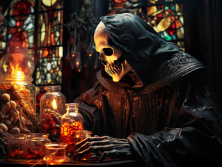 search of the elixir of youth necromancer sorcerer casting a black magic spell using a human skull. old alchemist prepares poison potions in a dark laboratory with a colored window. generative AI