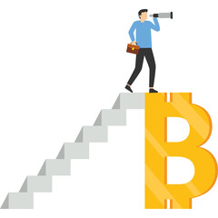 Bitcoin and cryptocurrency Future viewing concept, investment opportunity or alternative financial asset concept, businessman climbing ladder above Bitcoin using binoculars to see opportunity.