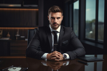 Portrait of a male leader in an office room at a table, businessman at work, successful and confident male entrepreneur in a business suit