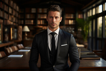 Successful and confident male entrepreneur in a business suit, portrait of a male leader in an office room, company boss at work