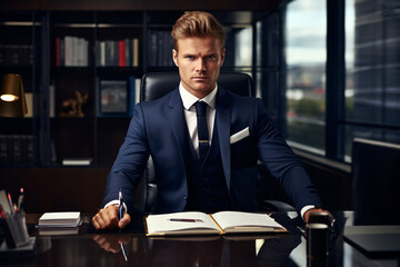Portrait of a male leader in an office room at a table, businessman at work, successful and confident male entrepreneur in a business suit