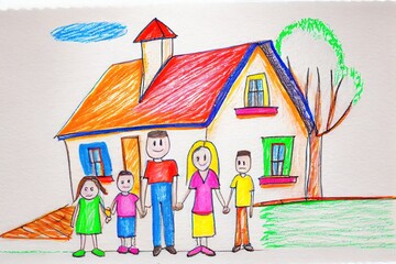 Colorful child's drawing: a charming house and a happy family, rendered with vibrant crayons or markers. A simple yet heartwarming portrayal of home and family life through the eyes of a child