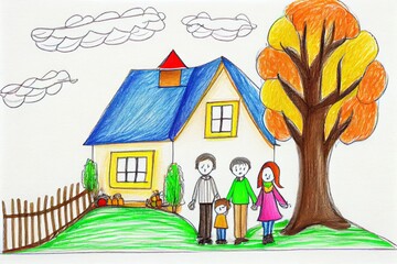Obraz na płótnie Canvas Colorful child's drawing: a charming house and a happy family, rendered with vibrant crayons or markers. A simple yet heartwarming portrayal of home and family life through the eyes of a child