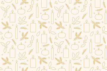 advent, christmas golden seamless pattern with candles, holly berries and fir branches; great for wrapping, greeting cards, backgrounds, banners- vector illustration