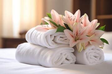 A hotel maid stacked towels on the bed and placed flowers on the towels in a hotel room.