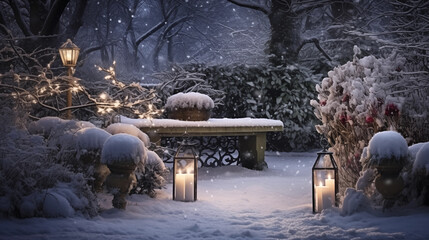 Obraz premium Snowy Candlelight Garden: Create a magical scene by photographing a winter garden illuminated by candles, with snow-covered landscapes adding to the enchantment of Candlemas Day