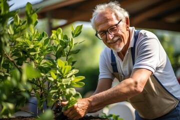 An elderly man wearing glasses is happy to take care of trees, pruning trees