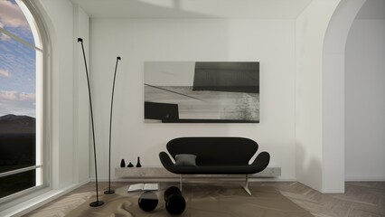 Modern living room, black and white with big window - obrazy, fototapety, plakaty