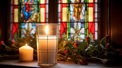 Candlemas Day Reflection: Create a reflective image of a candle placed near a window, symbolizing the introspective and contemplative aspects of Candlemas Day - obrazy, fototapety, plakaty