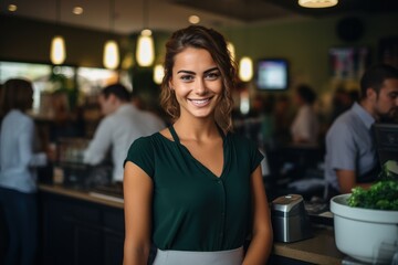 eautiful female cashier standing at counter working with cash register in coffee shop - obrazy, fototapety, plakaty