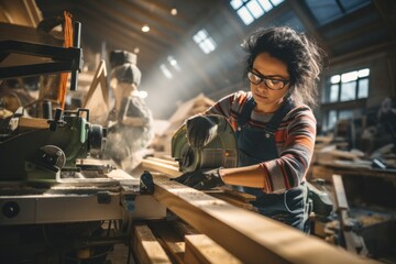 Beautiful Latin woman carpenter using power tools working her wood job