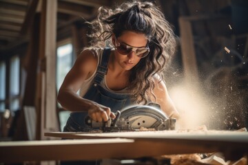Obraz na płótnie Canvas Beautiful Latin woman carpenter using power tools working her wood job